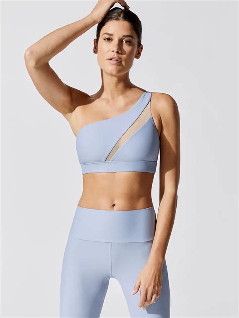 Blocked Mesh One Shoulder In Pale Blue Nude By Carbon From Carbon Workout Attire Workout