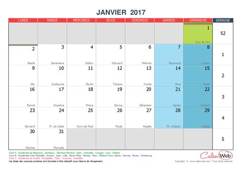 Calendrier Mensuel Mois De Janvier 2017 Avec Fêtes Jours Fériés Et