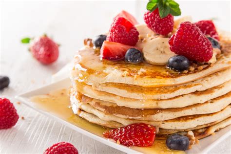 Pancakes With Berries And Maple Syrup Stock Image Image Of Kitchen