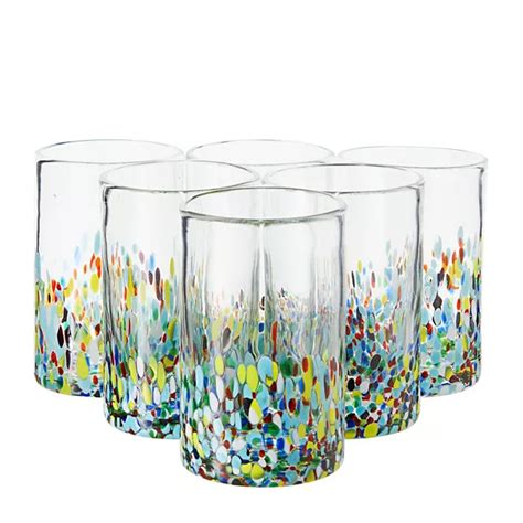 14 Oz Hand Blown Mexican Drinking Glasses Confetti Tumbler Cups Set Of 6