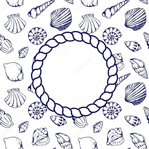 Sea Shells Navy Blue Circle Rope Frame Texture Background Vector Stock