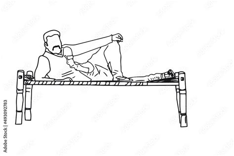 Line Art Illustration Of Man Laying Down On Indian Desi Khat Indian Bed Outline Sketch Of