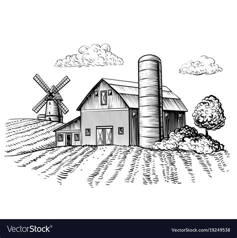 Rural Landscape Farm Barn And Windmill Sketch Vector Image