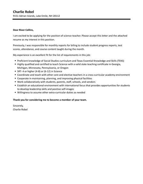 Science Teacher Cover Letter Velvet Jobs