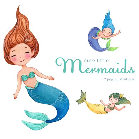Watercolor mermaids clipart cute hand painted illustrations | Etsy