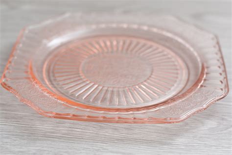 Antique Pink Glass Plate Vintage Depression Glass Plate With Ornate Floral Flower Pattern