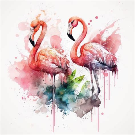 Watercolor Illustration Of Two Pink Flamingos On White Background