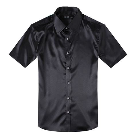 2015 High Quality Black Short Sleeve Mens Silk Shirts Camisas Hombre