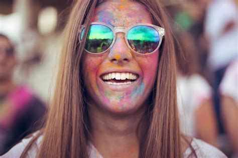 Women Brunette Sunglasses Smiling Open Mouth Face Paint Holi Festival