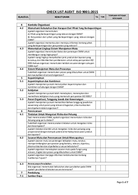 Checklist Pertanyaan Audit Internal Iso 9001 2015 Gambaran Riset