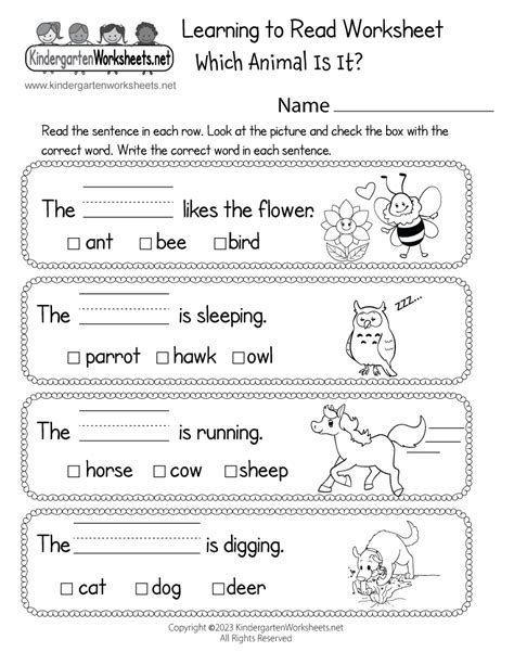 Free Printable Learning To Read Worksheet For Kindergarten
