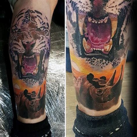 Spectacular Very Detailed Leg Tattoo Of Roaring White Tiger With Big
