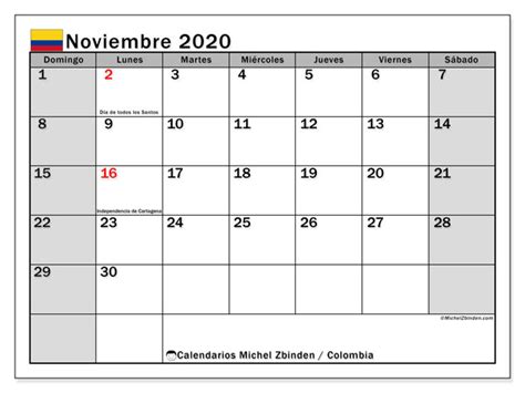 Calendario Noviembre 2020 Colombia Calendario 2019