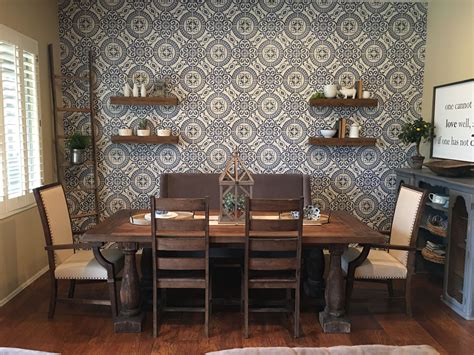 Farm table. Modern farmhouse dining room. Tile wallpaper from