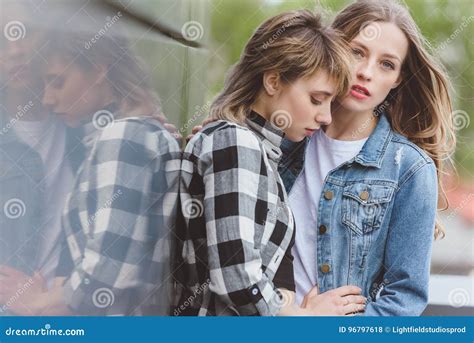 Sensual Lesbian Couple Standing Together Outdoors Stock Photo Image