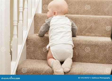 Toddler Boy Crawling On Wooden Stairs Stock Image Image Of Care