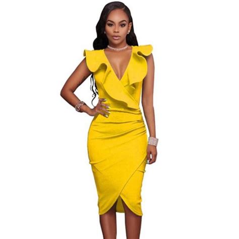 Buy Women Sexy Sleeveless V Neck Ruffles Bodycon Pencil Party Midi Dress At Affordable Prices