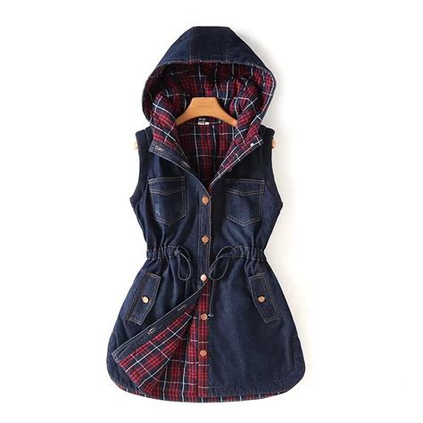 Women Coats Vest Cotton Casual Long Plaid Button Hooded Single Breasted 2018 Autumn New Female