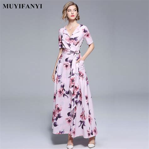 2018 High Quality Spring Summer Dress Womens V Neck Elegant Flower Print Vintage Slim Long