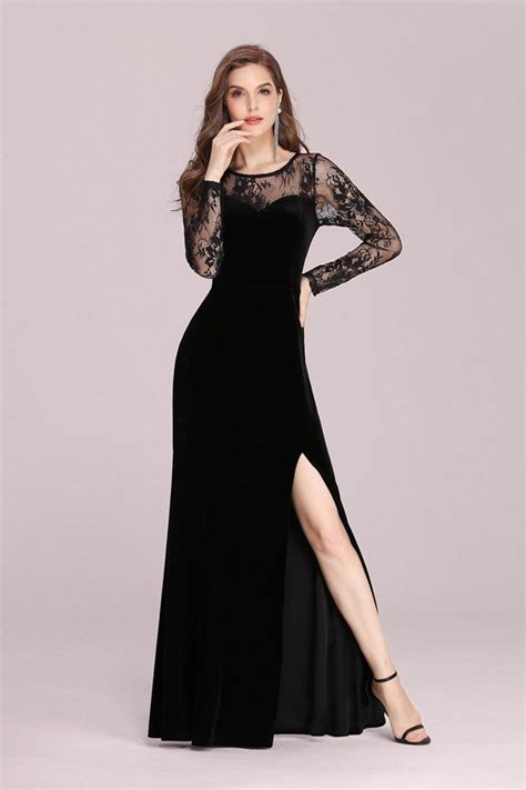 black lace long sleeves velvet evening dress with side split 48 48 ep00361bk
