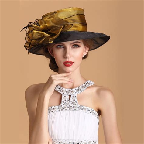 2016 New Elegant Woman Wedding Hat Gray Gold Crystal Organza Bridal Hats Large Beach Hat