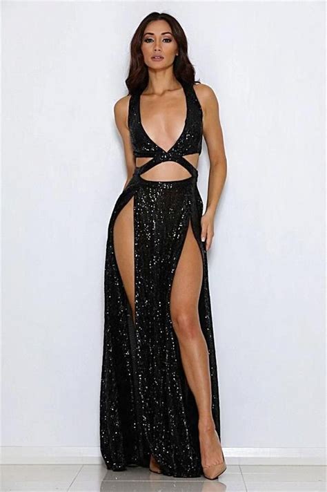 Women S Black Plunging High Split Dress INstyle Fashion INstyle Fashion NYC Maxi Gown Dress