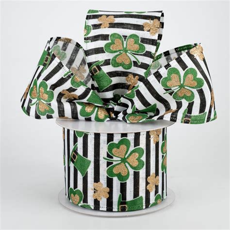 25 St Patricks Clovers And Hats Stripe Ribbon White 10 Yards