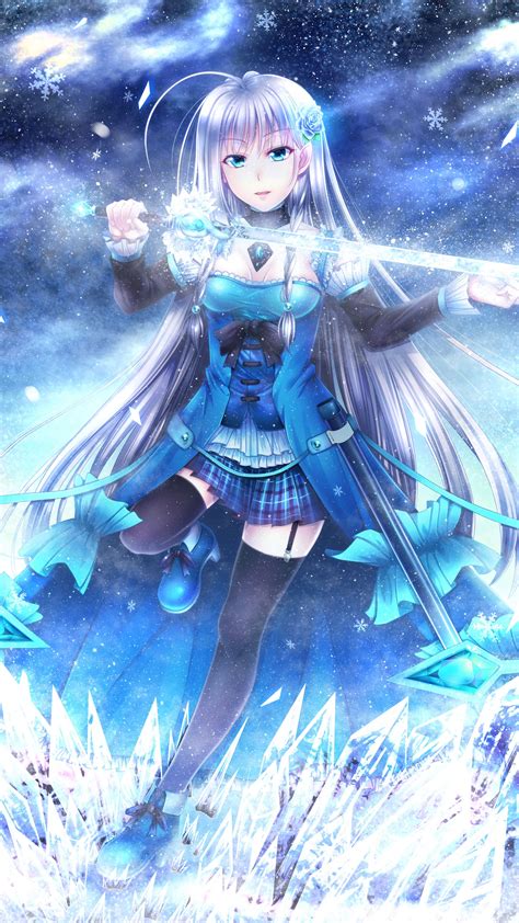 Download Wallpaper 2160x3840 Girl Sword Ice Anime Art Blue Samsung