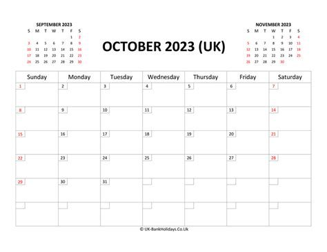 October 2023 Calendar Printable With Bank Holidays Uk