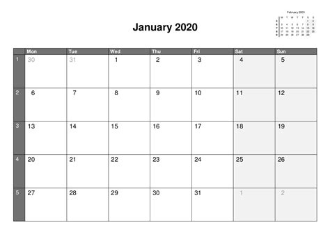 2020 A4 Single Month Calendars