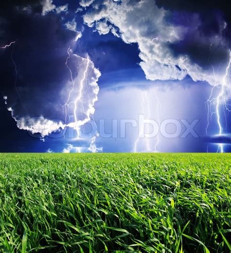 Thunderstorm With Lightning In Green Stock Image Colourbox