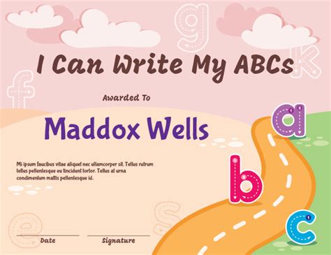 Printable I Can Write My Abcs Award Certificate Template