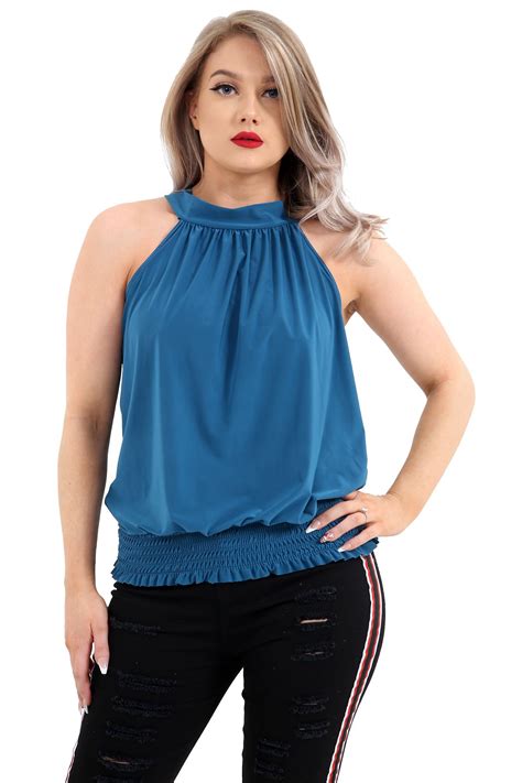 New Ladies Womens Plain Pleated Sleeveless Sexy Top Ruched Halter Neck