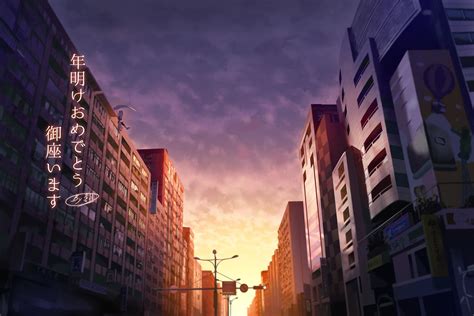 Download 1750x1167 Anime City Sunset Girl With Scythe Buildings Street Wallpapers