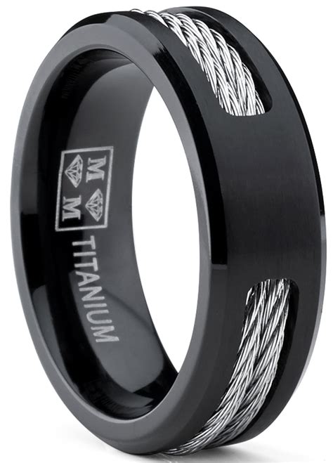 Mens Black Titanium Ring Wedding Band With Stainless Steel Cables Size