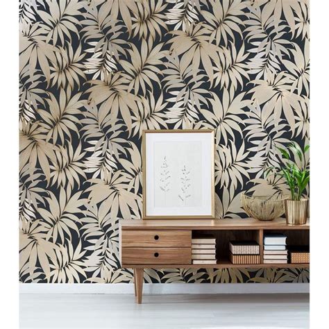 Grandeco Vogue Black Gold Wallpaper A45302 Metallic Tropical Palm