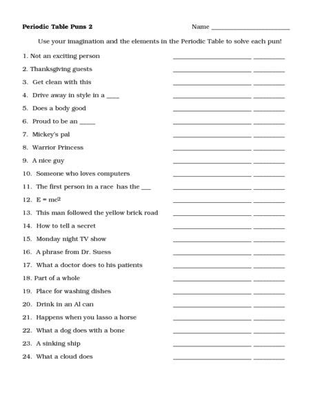 Periodic Table Puns 2 10th - 11th Grade Worksheet | Periodic table puns