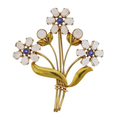 Tiffany And Co Retro Moonstone Sapphire Gold Flower Brooch Pin For