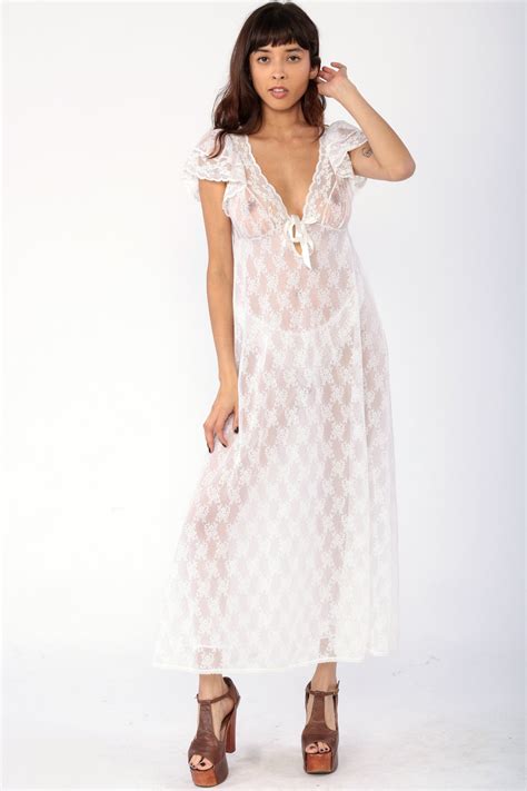 White Lace Nightgown Lingerie Slip Dress 70s Maxi Flutter Sleeve Boho