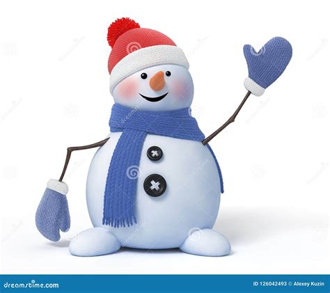 Funny Snowman With A Blue Scarf Waves On A White Background 3d Render