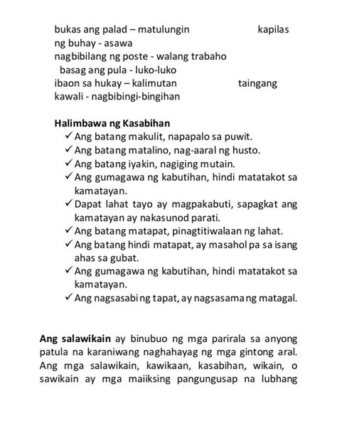 Ang Mga Halimbawa Ng Sawikain At Kahulugan Nito Ay Brainly