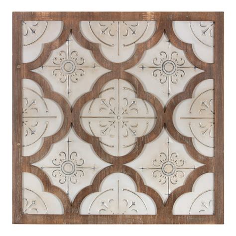 32 Inch Antique White Metal And Wood Quatrefoil Medallion Framed Wall