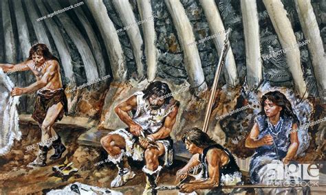 Prehistory Prehistoric People In Cave Illustration Stock Photo