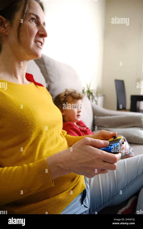 Mother And Son Playing Video Game Stock Photo Alamy