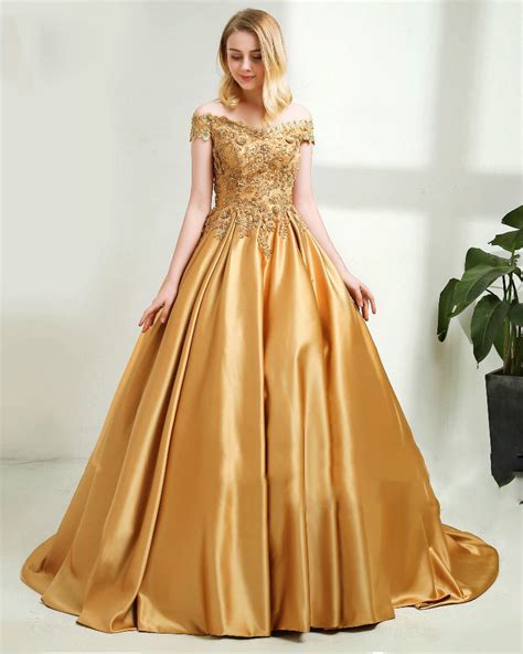Off The Shoulder Gold Lace Ball Gown Quinceanera Dress For Sweet 16 We