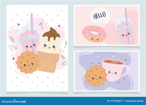 Kawaii Cookie Donut Coffee Cup Fast Food Cartoon Cards Stock Vector