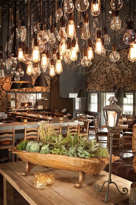 Rustic Chic Restaurant With Pendant Lights Interior Design Rustic