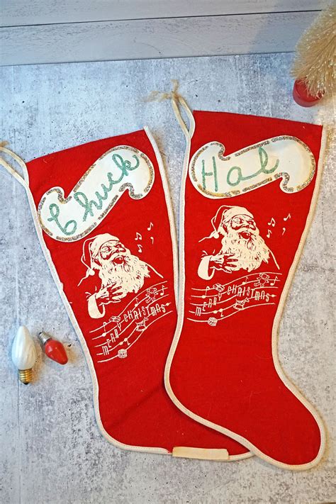 Vintage Original 1950s Red Felt Christmas Stockings White Etsy