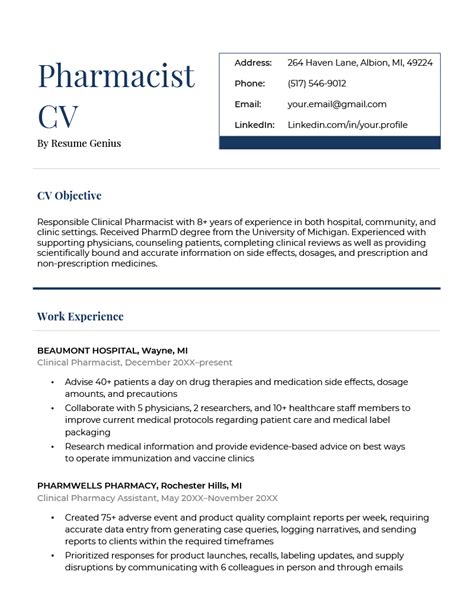Pharmacist Cv Example For Free Download And Writing Tips