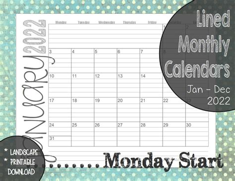 Free Printable Lined Monthly Calendar 2022